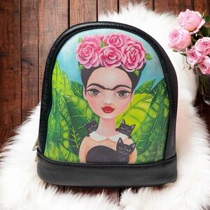 Black Graphic Frida Kahlo Floral Backpack